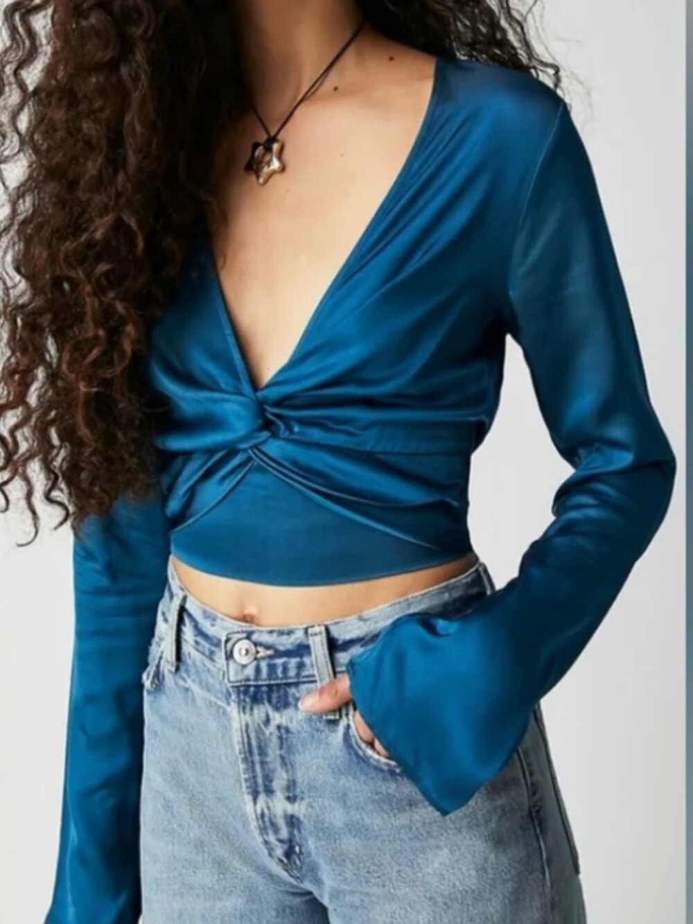 Boho Free People Miraya Twist Front Satin Crop Top Size Large Corsair Teal Blue